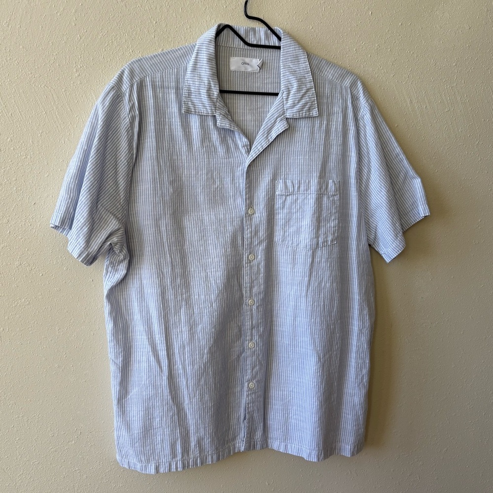 Onia Linen Light Blue Striped Shirt